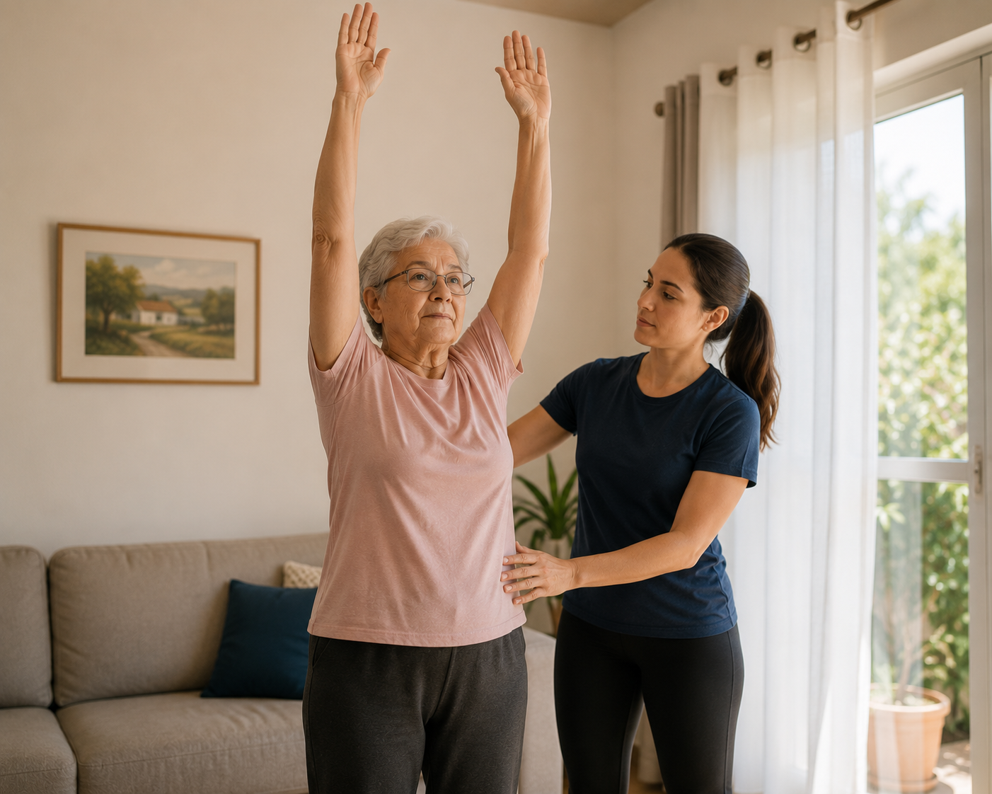 Idosa realizando exercícios em casa com auxílio de fisioterapeuta
